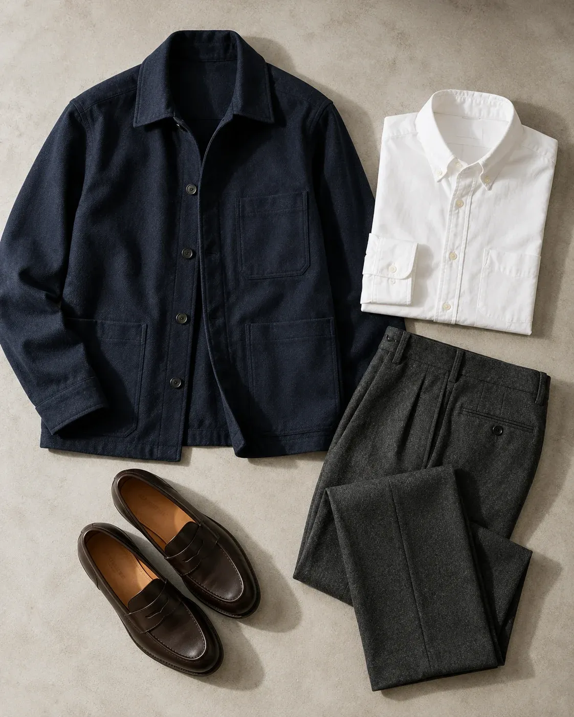 A navy overshirt, white Oxford shirt, charcoal trousers and brown loafers arranged as a coordinated outfit.